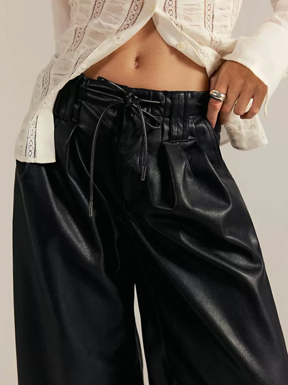 Free People Julien Black High Rise Wide Leg Vegan Leather Pants Drawstring XS